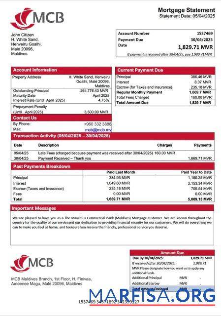 Downloadable Maldives The Mauritius Commercial Bank (Maldives) mortgage statement Word and PDF template